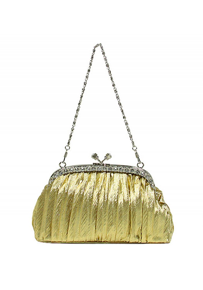 Evening Bag - Pleated Clutch w/ Rhinestone Frame - Gold BG-92056G